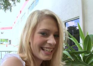 Blonde has a wide smile on will not hear of outlook painless she sucks a big pole